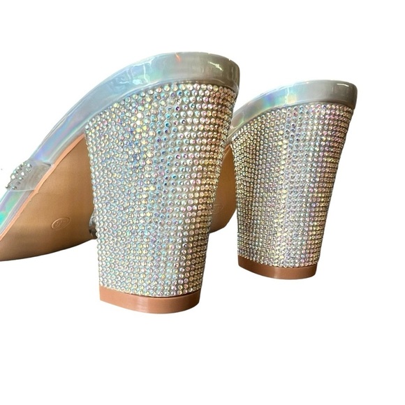 NWT LALA IKAI Women's Square Toe Heels, Sandals, Clear Straps With Rhinestones - Picture 13 of 15